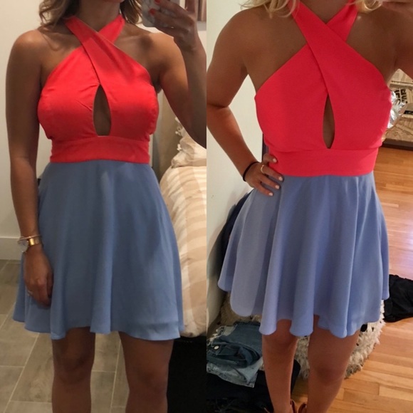 Naven 2 Tone Criss Cross Vixen Dress in Neon Salmon/Periwinkle - Picture 3 of 9